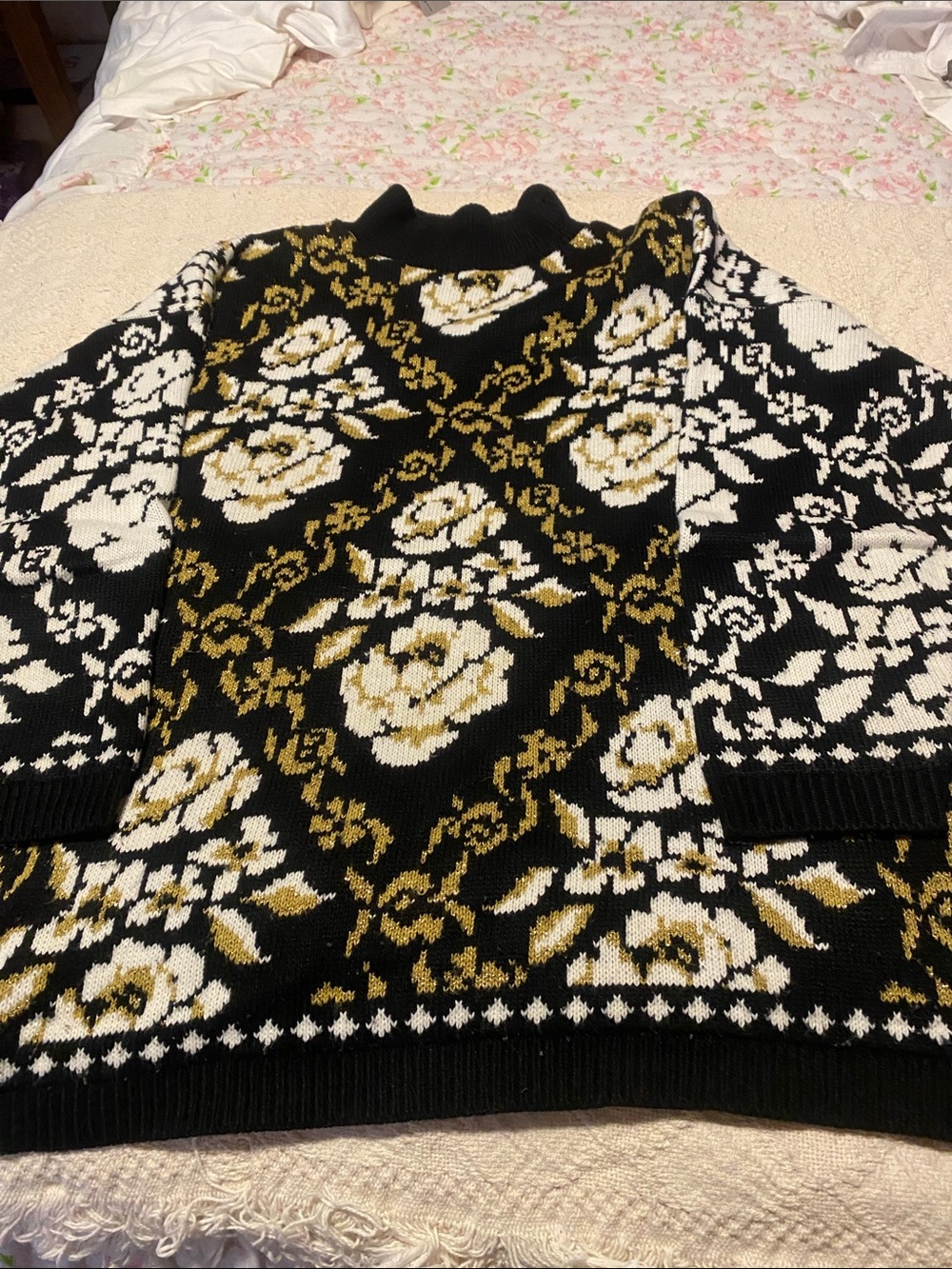 EXCHANGE Black Knit Sweater with White and Gold Floral Jacquard - Picture 3 of 8